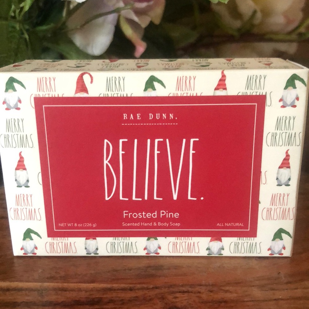 🍒3/30$.RAE DUNN~Frosted Pine BELIEVE Gnomes Hand & Body Soap Bar 8 oz